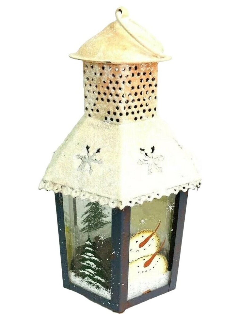 Christmas Candle Lantern Tea Light Votive Pillar Hand Painted Metal & Glass 10"